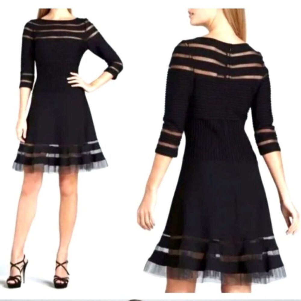 Tadashi Shoji Black Mesh Illusion Stripe Fit & Flare Dress, Size XS